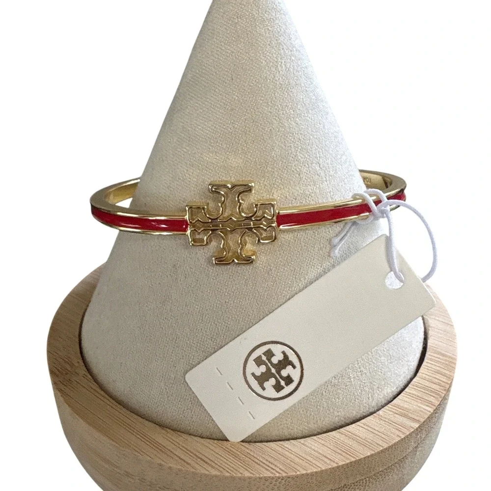 Tory Burch Miller Enamel Cuff Bracelet Red Gold Tone Double T Logo New